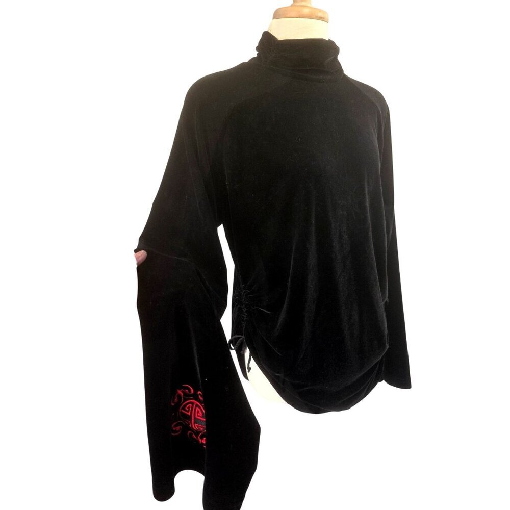 Obermeyer Y2K Black Velvet Embroider Bell Slv Top Women XL Drawstring Sides Seam